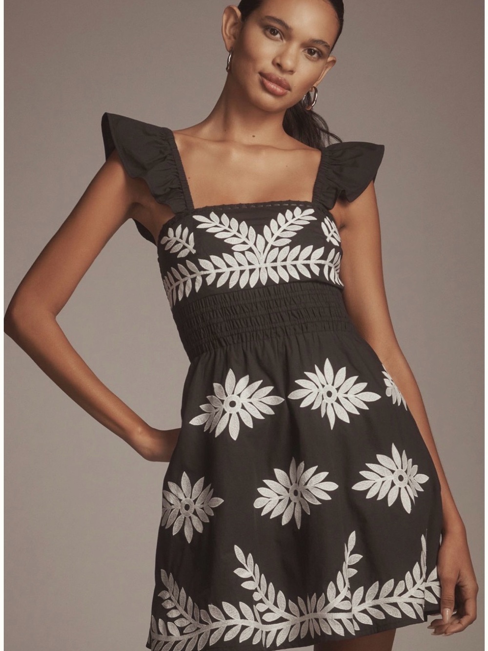Anthropologie Black A-Line Mini dress Black Ruffle straps & Floral Embroidery